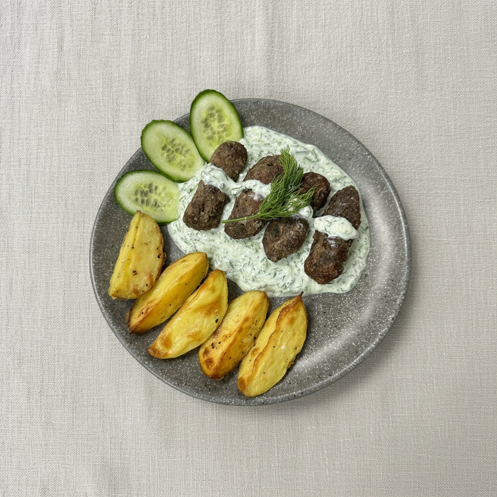 Kafta with tzatziki sauce